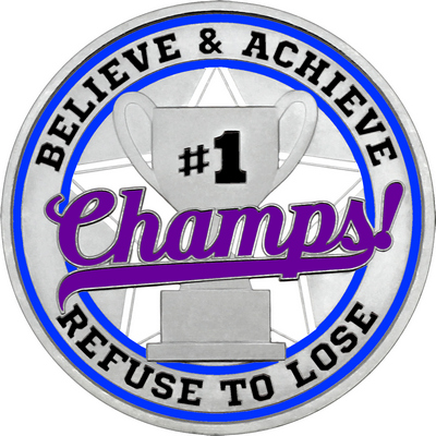 Purple "Champs!" with Royal Blue Outer Circular Borders